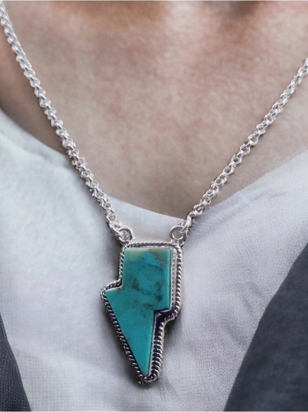 Artisan Turquoise Lightning Bolt Necklace - Sterling Silver